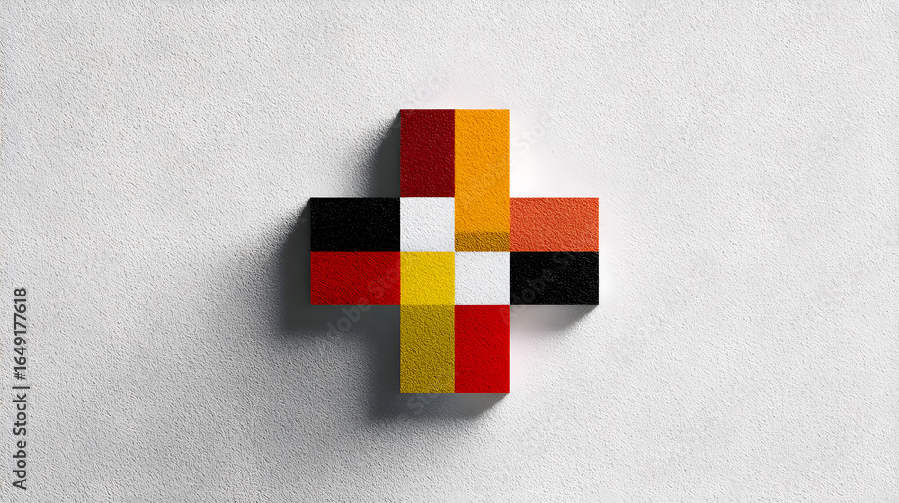 Poster geometric cross design: a striking, minimalistic cross constructed from colorful rectangular blocks,