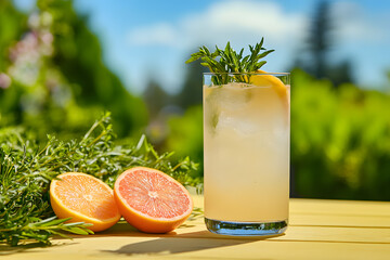 Fototapeta premium Refreshing Spring Cocktail with Citrus and Herbs on Sunny Day 
