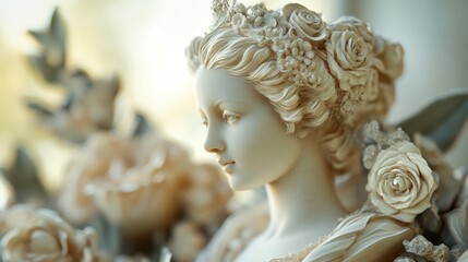 Ethereal beauty, elegant sculpted woman with intricate floral crown and soft light