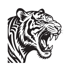  Black and white illustration of a roaring tiger's head in profile view. 