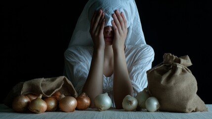 Person with covered face surrounded by onions and burlap sacks in dramatic lighting