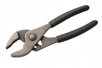 Close-up of worn slip joint pliers with black rubber grips, isolated on transparent background, highlighting industrial tool design