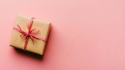 Small craft gift box with red string on pink pastel background for celebration theme