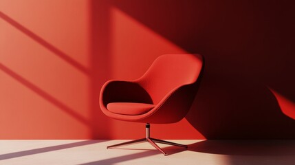 Modern red chair casting shadow against geometric red background in minimal design