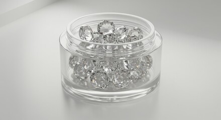 Minimalist Still Life: A Clear Glass Jar Overflowing with Brilliant Faceted Diamonds on a Clean White Surface.