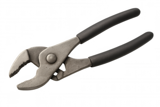 Close-up of worn slip joint pliers with black rubber grips, isolated on transparent background, highlighting industrial tool design