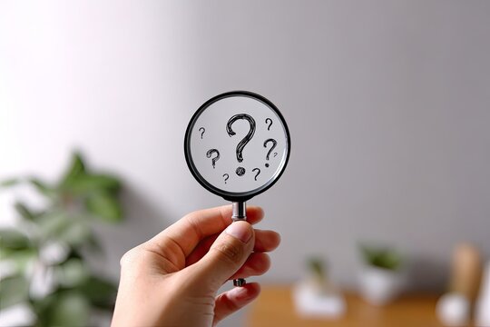 Hand holding magnifying glass with question marks (2)