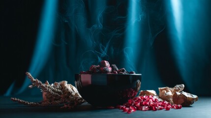 Dark romantic still life with flowers, gifts and perfume on moody dramatic background