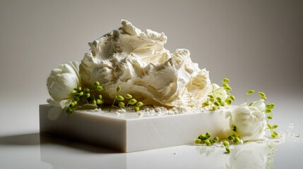Close-up of white soap with flowers on concrete block for spa and natural beauty