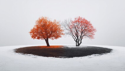 Two trees, one autumnal, one wintery, on a snow-covered knoll