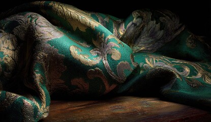 Draped emerald green fabric with gold and grey patterns