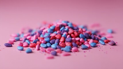 Scattered colorful candy pills on pink background representing fun or pharmaceutical theme