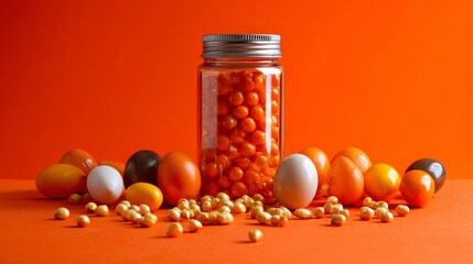 Jar with orange capsules and scattered supplements on vibrant orange background for health theme