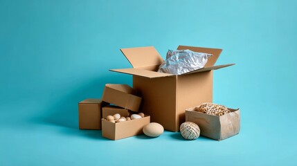 Open cardboard box with items and eggs surrounded by packing material for shipping concept