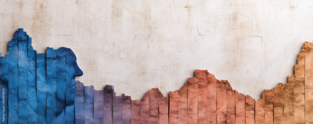 Poster colorful abstract mural featuring a gradient transition from blue to orange, creating a striking vis