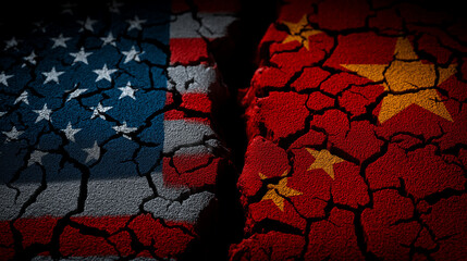 Geopolitical tensions between usa and china visual representation abstract art cracked surface intense colors conflict concept