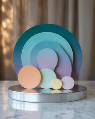 Abstract rainbow arch and circular forms on a pedestal