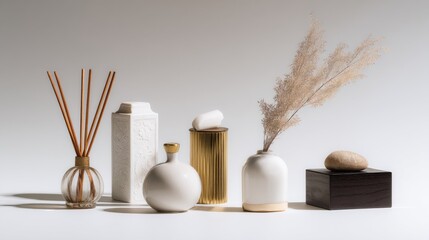 Scandinavian style aroma diffusers and bottles on white surface for home fragrance product display