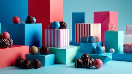 Colorful chocolate truffles arranged on abstract blocks for candy or holiday dessert concept
