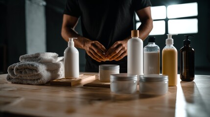 Spa therapist arranging towels and product bottles in warm ambient lighting for wellness scene