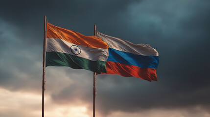 Flags of india and russia waving together outdoor setting cultural significance dramatic sky international relations