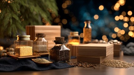 Luxury perfume bottles and boxes with festive lights for celebration or holiday gift packaging