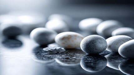 Black and white zen stones aligned on reflective wet surface for spa and balance theme