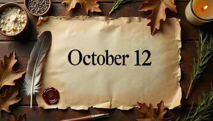 Feather pen writing 'October 12' on parchment with autumn leaves  