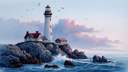 A lighthouse standing tall at the edge of a rocky coast, painted in soft watercolor tones, with a serene ocean view, embodying naturea??s beauty.