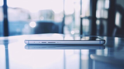 Modern smartphone resting on reflective glass table in office for technology or digital concept