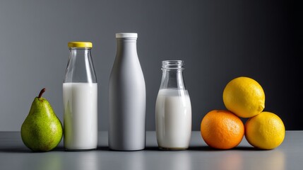 Glass milk bottles with fruits on dark table for natural nutrition and organic drink concept