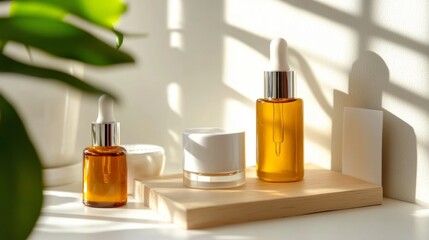 Amber skincare serum bottles arranged on beige surface with shadows for beauty product concept