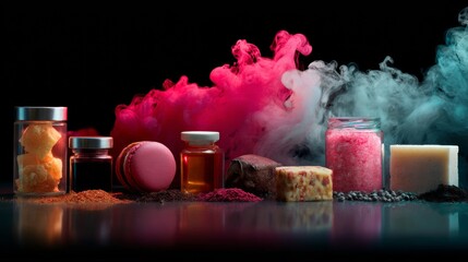 Colorful wellness and spa items with smoke cloud for aromatic relaxation and beauty product display