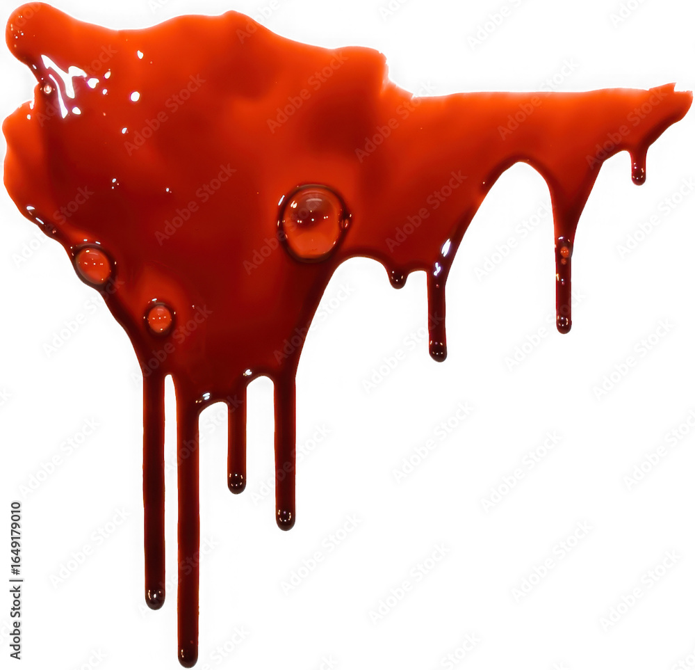 Poster viscous bright red liquid dripping and flowing with glossy droplets isolated on transparent backgrou