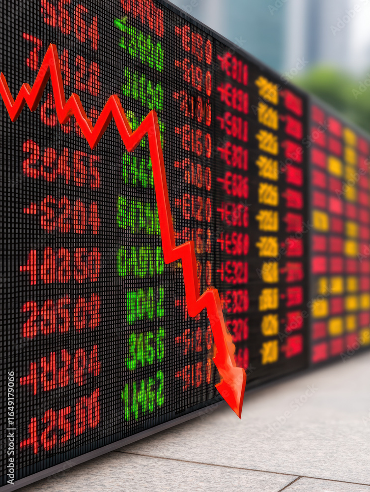 Poster digital stock market display shows declining numbers, highlighted by a red arrow indicating a downwa
