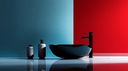 Contemporary bathroom with black sink and red-blue wall for luxury minimalist interior design concept