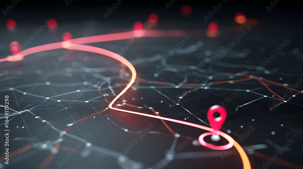 Poster navigational route: a digital map shows a network of connections, highlighted with a vibrant route. 