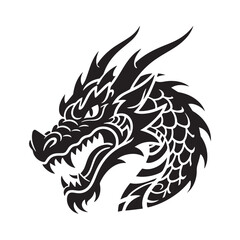 Black and white vector style illustration of a fierce dragon head in profile view. 