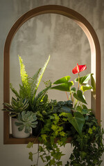 Lush green houseplants flourish within an arched window frame