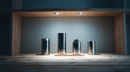 Display of shiny silver containers under wooden lightbox for retail product spotlight showcase concept