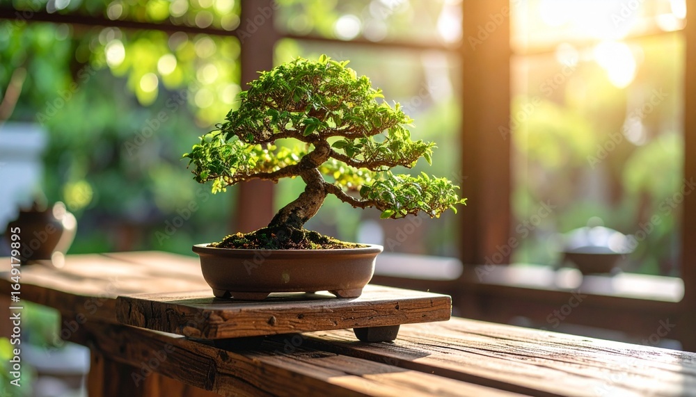 Poster lush bonsai tree in a rustic setting.