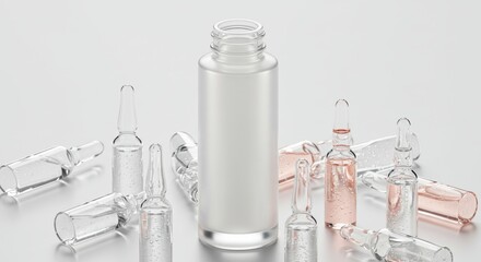 Elegant Cosmetology Still Life with Frosted Bottle and Bubbling Serum Ampoules