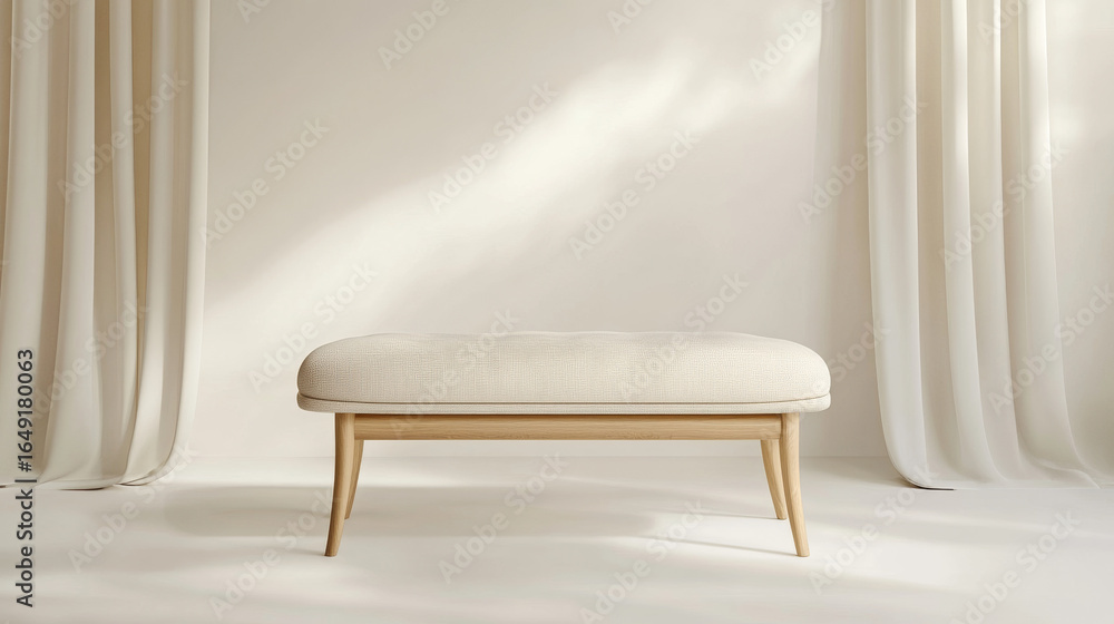 Poster minimalist cream studio with a light wood bench. soft light streams through elegant window curtains.