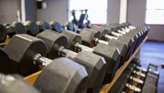 A Row of hexagonal dumbbells in gym setting symbolizing strength discipline and fitness motivation