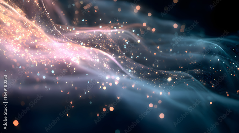 Poster celestial dance: abstract celestial artwork features dynamic interplay of shimmering light and flowi