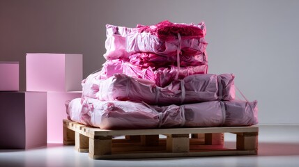 Stacked pink soap bars on wooden pallet with minimal packaging and soft background beauty product concept