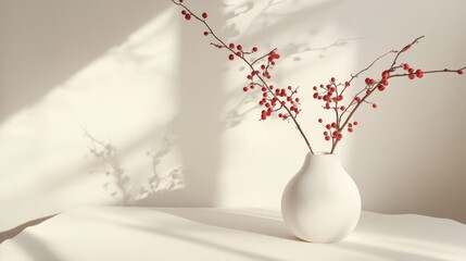 White vase with red branches casting shadows on wall for natural minimal decoration elegance concept
