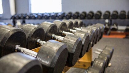 Row of hexagonal dumbbells in gym setting symbolizing strength discipline and fitness motivation