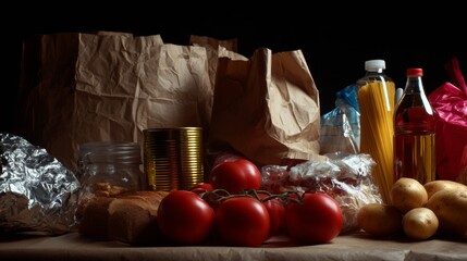 Assorted grocery items including vegetables oil pasta in rustic setting for food market nutrition concept