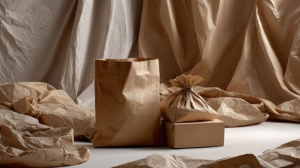 Brown paper bags and crumpled kraft sheets on beige textile surface for packaging delivery concept scene